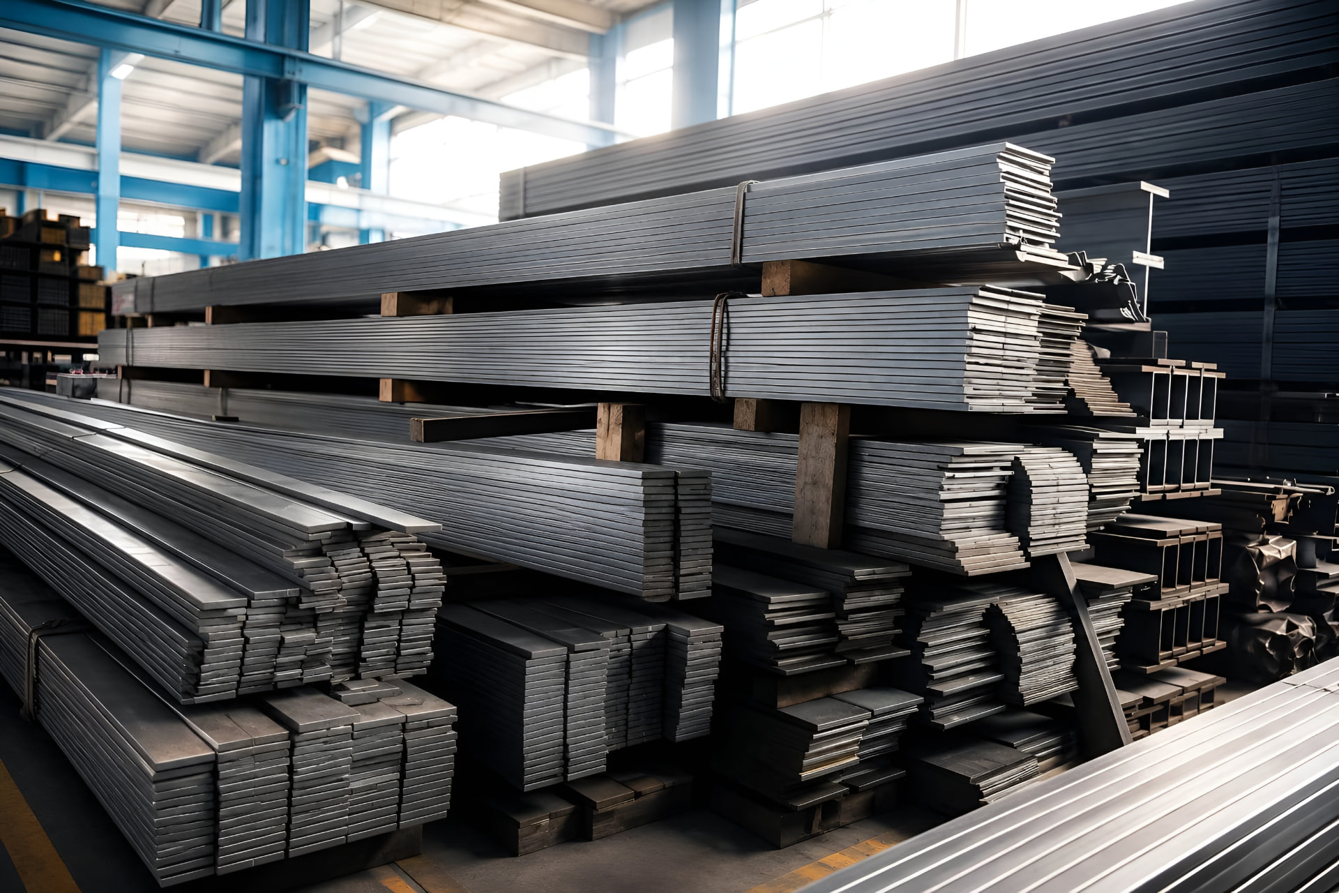 Bundled mild steel flat bars and sections ready for delivery
